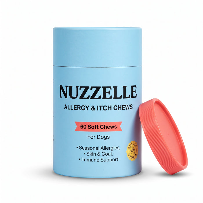 Nuzzelle Allergy and Itch Chews tube packaging - sky blue container with coral lid