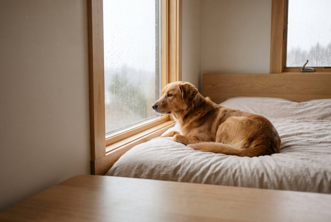 Dog lying peacefully beside a rain-streaked window