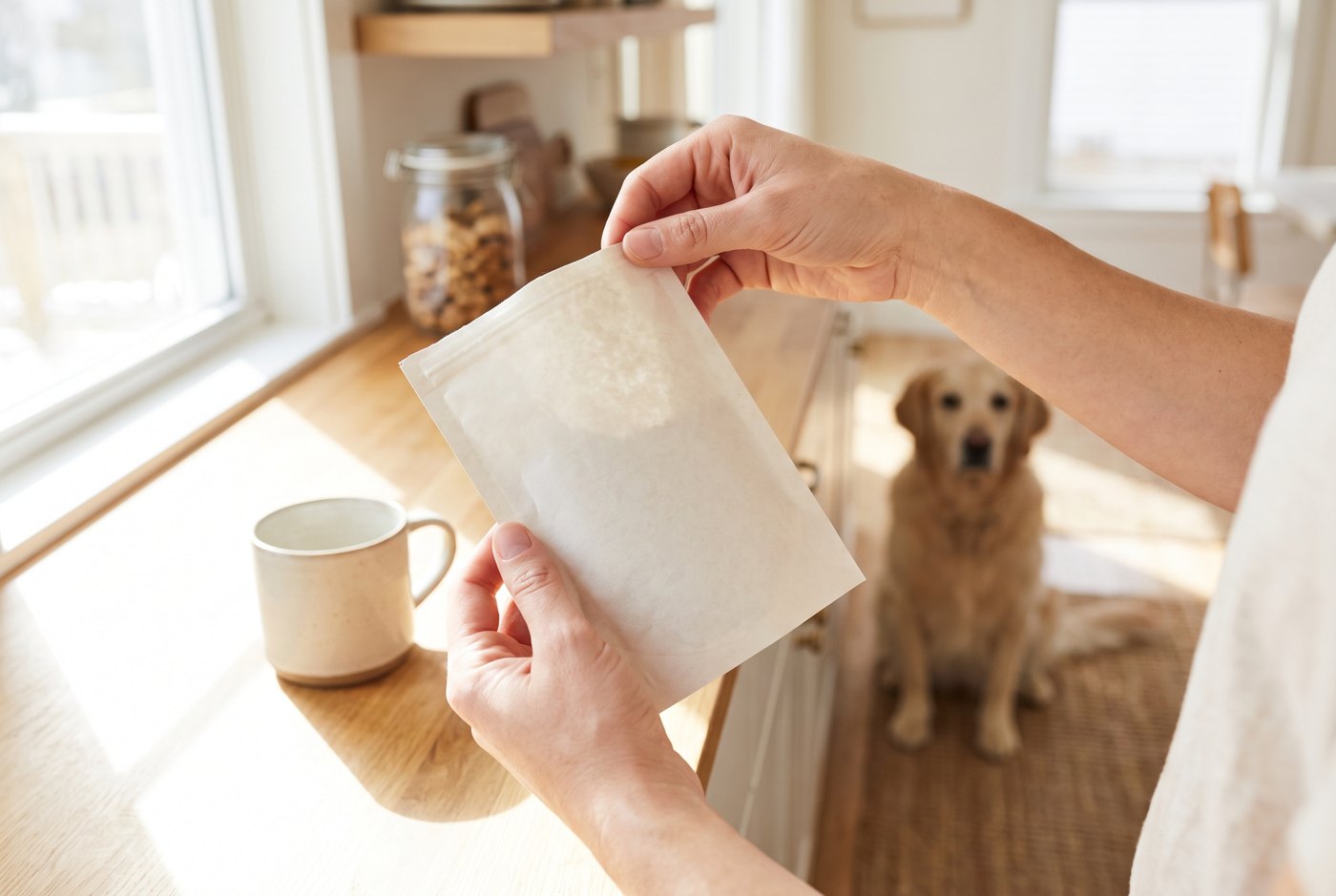 Hands reading the label on a supplement pouch at a kitchen counter