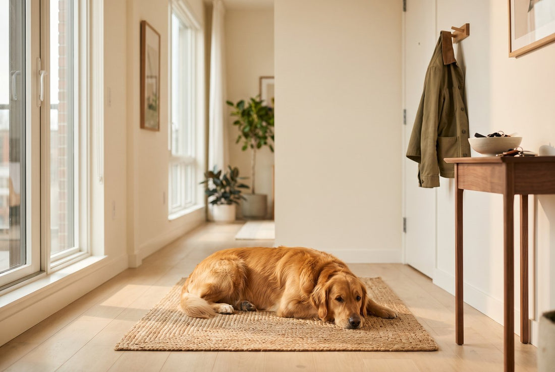 Dog resting calmly alone in a sunlit apartment near the front door