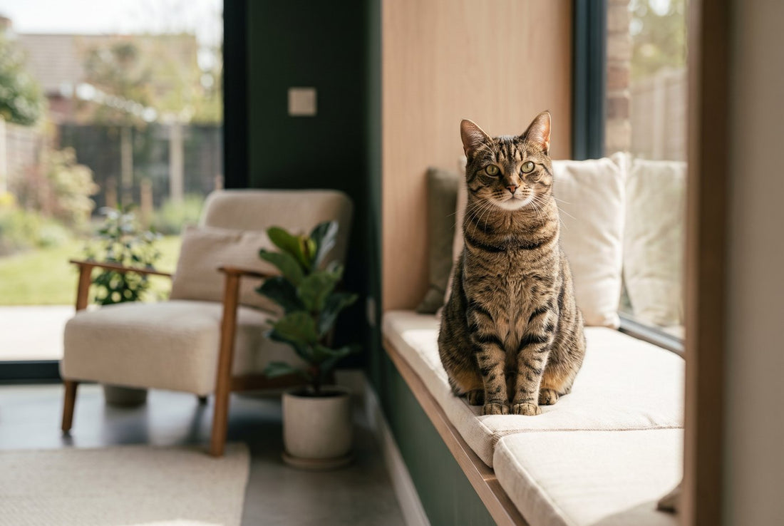 Calm tabby cat sitting on a windowsill