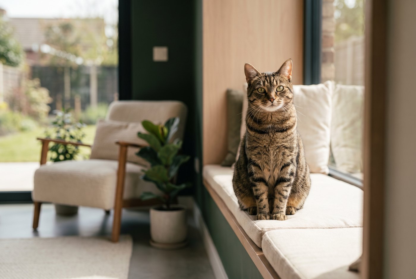 Calm tabby cat sitting on a windowsill