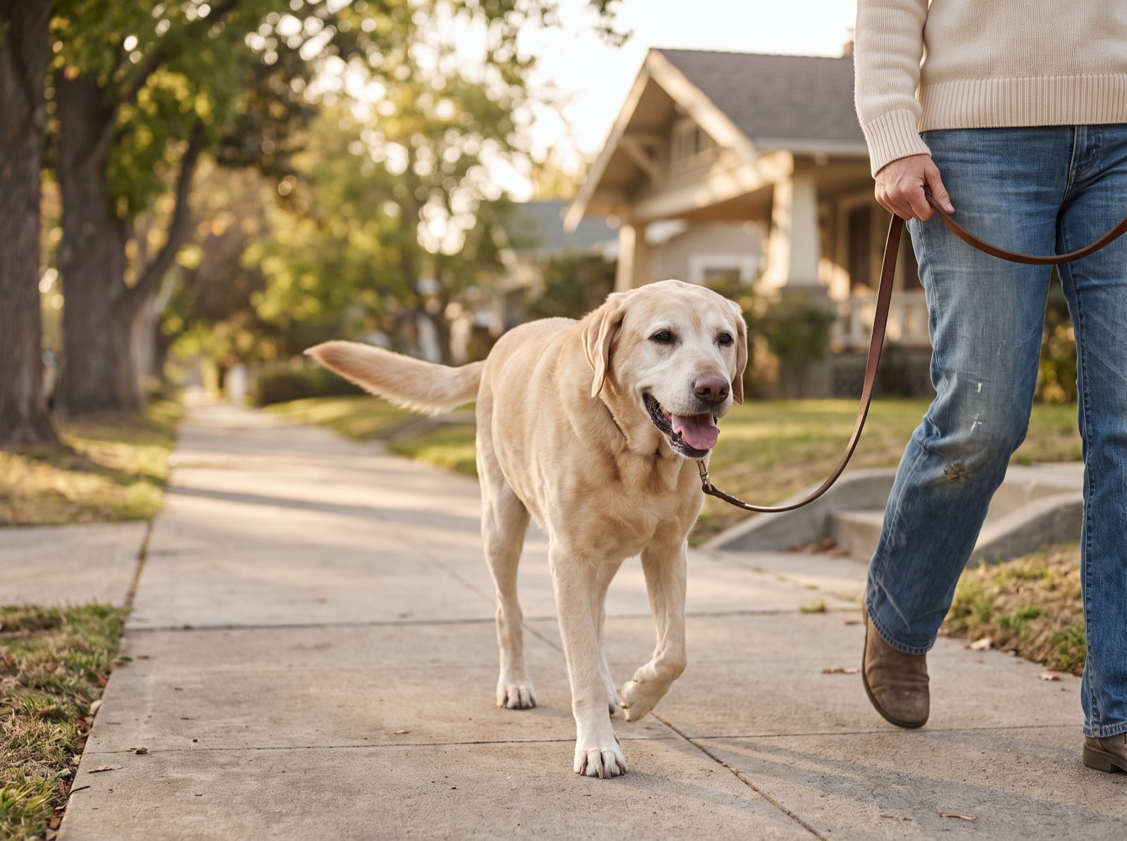 Senior labrador walking happily on leash with owner