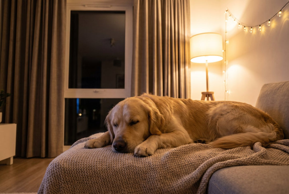 Dog settled on a couch in a warmly lit room