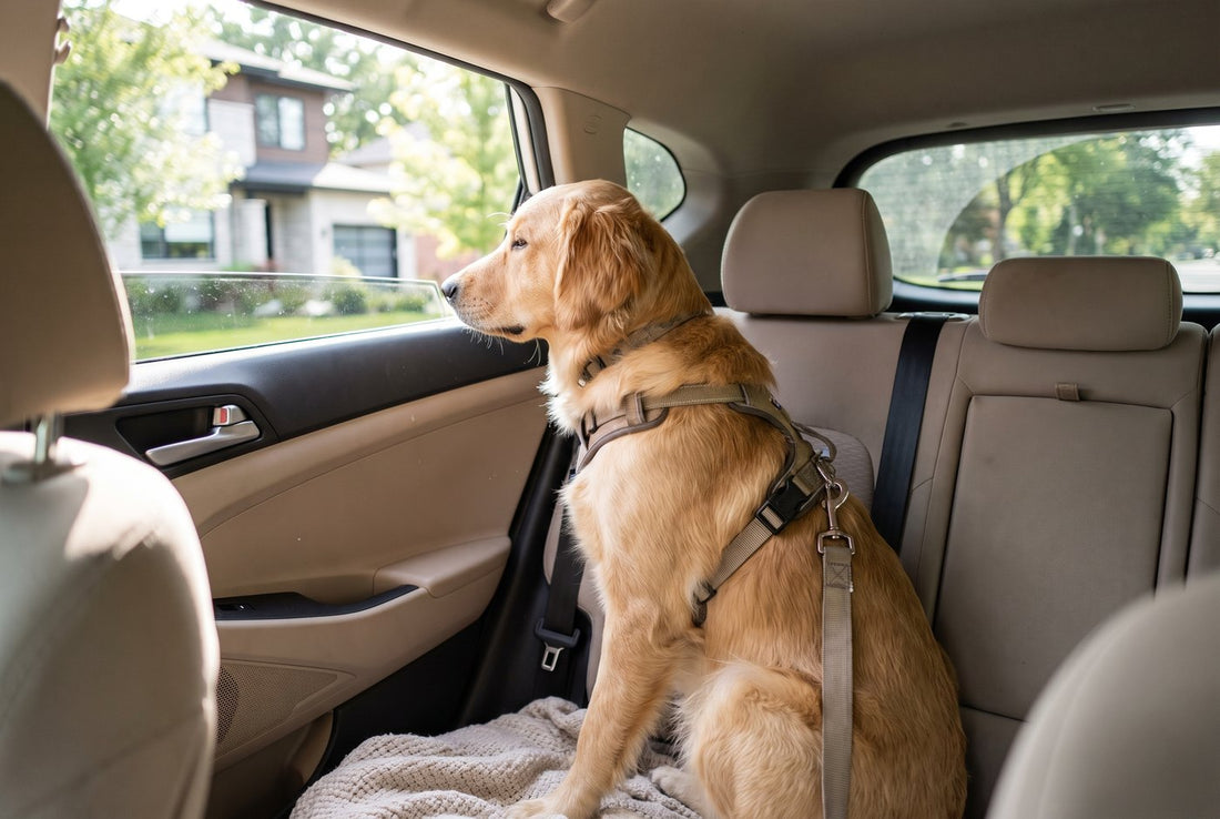 Dog sitting calmly in the back seat of a car