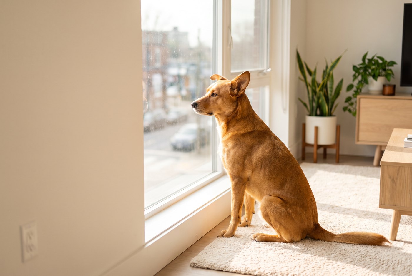 Alert dog watching the street from a sunlit window
