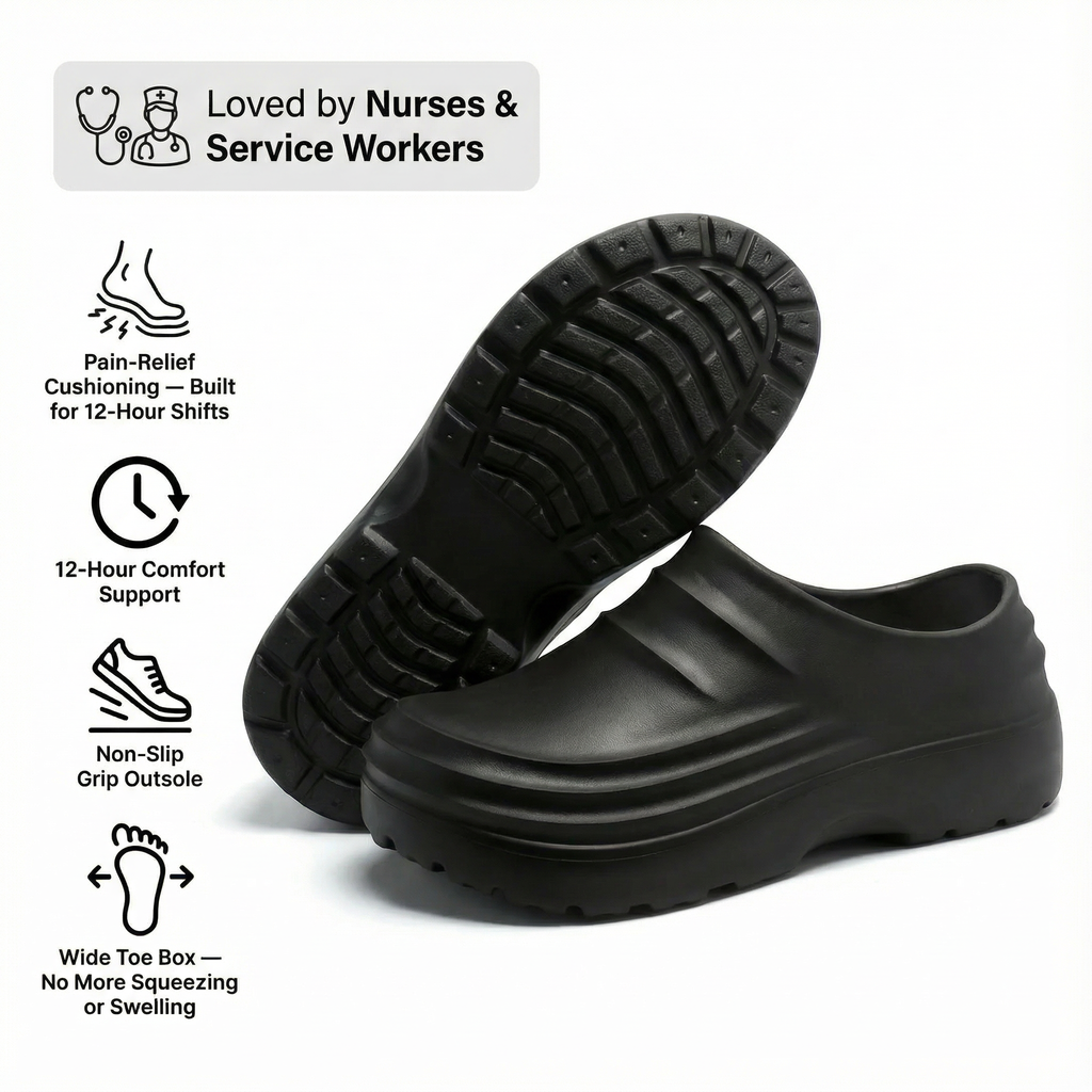 NursePro™ 12-Hour Shift Clogs – Built-In Arch Support for Plantar Fasciitis, Wide Toe Box, Non-Slip