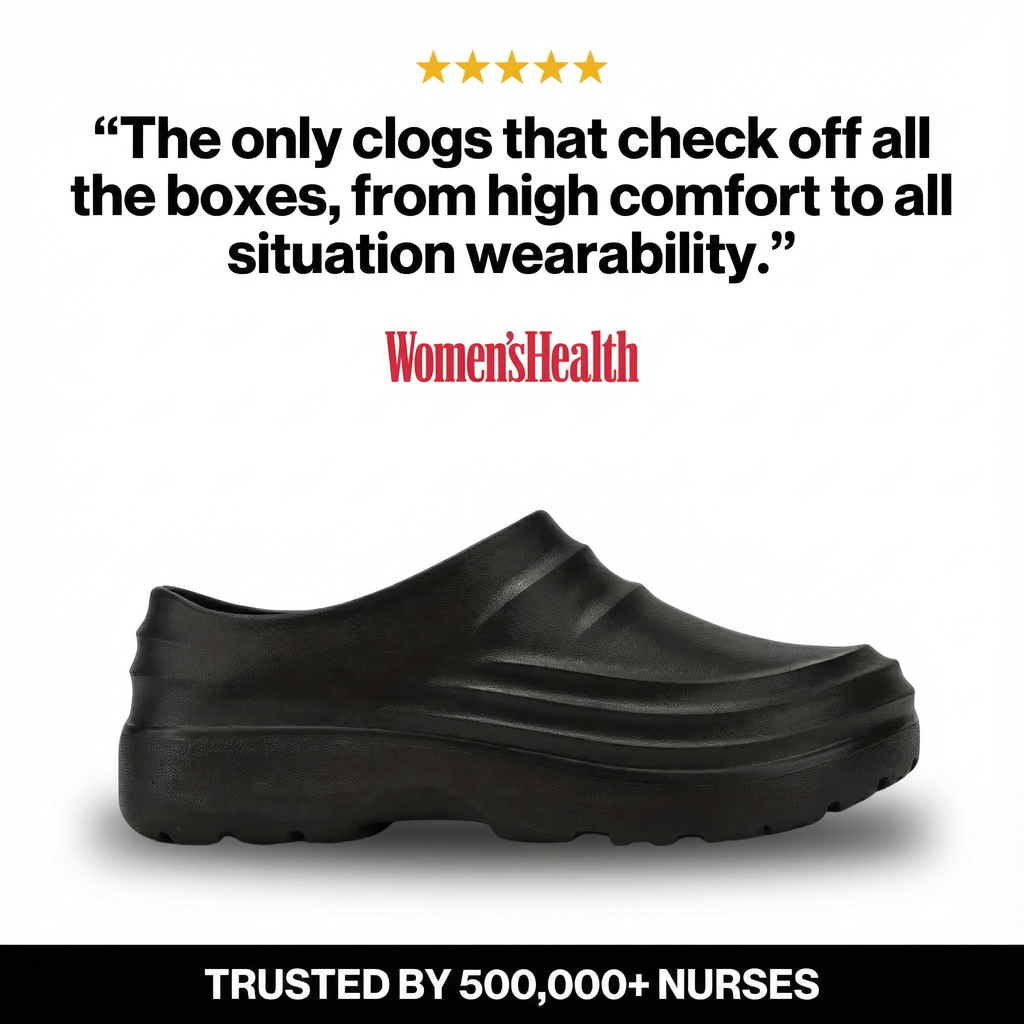 NursePro™ 12-Hour Shift Clogs – Built-In Arch Support for Plantar Fasciitis, Wide Toe Box, Non-Slip