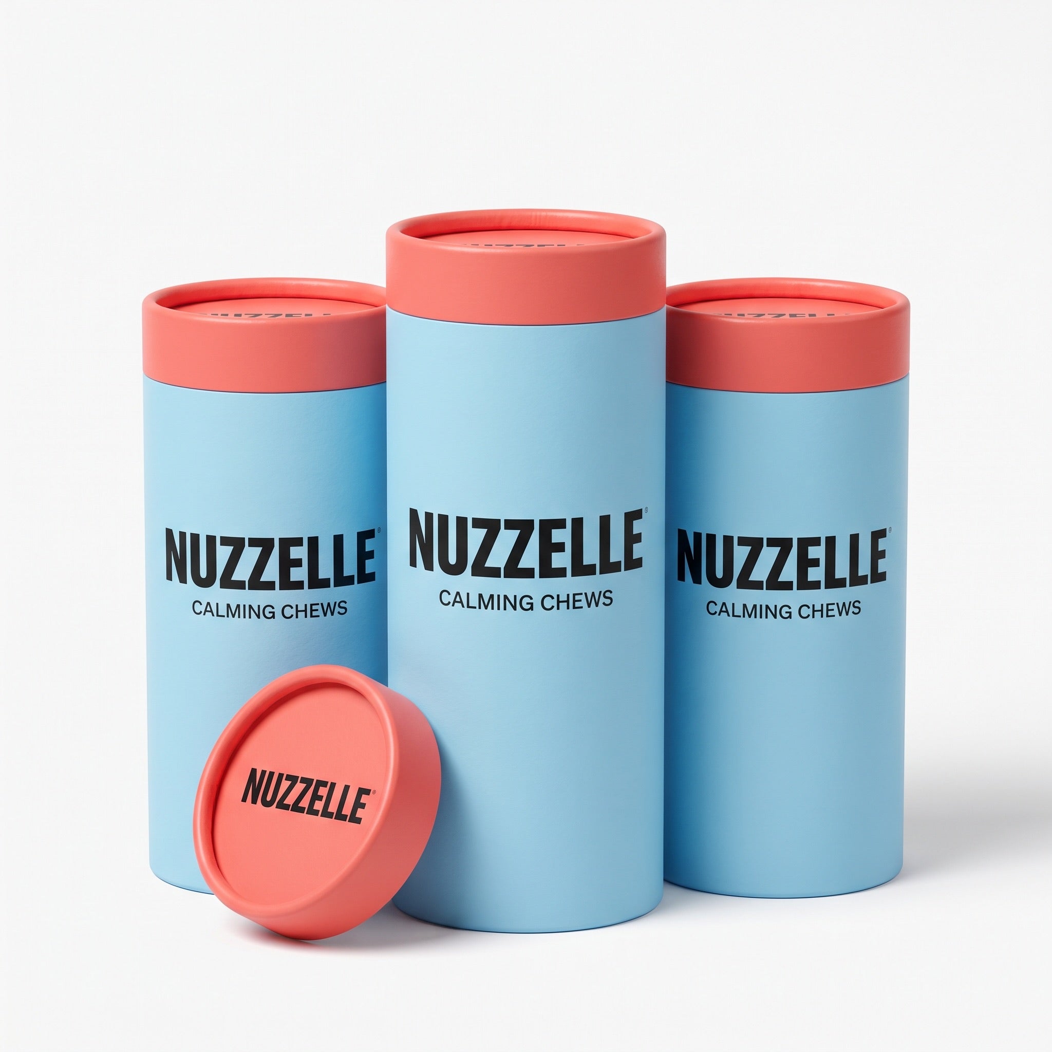 Nuzzelle Calming Chews 3-pack bundle - three sky blue tubes with coral lids