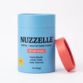 Nuzzelle Dental plus Multivitamin Chews tube packaging - sky blue container with coral lid
