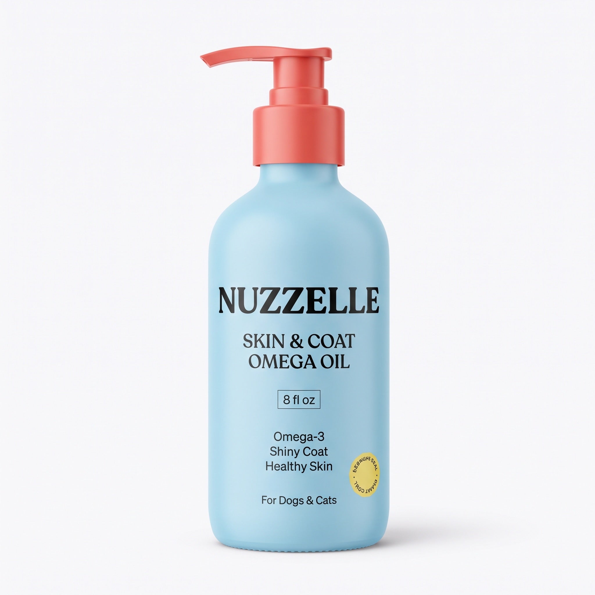 Nuzzelle Skin and Coat Omega Oil pump bottle - sky blue bottle with coral pump dispenser